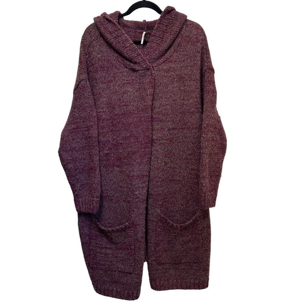 Free People L Eyes On You Cardigan Sweater Hooded Long Cozy Burgundy Pockets